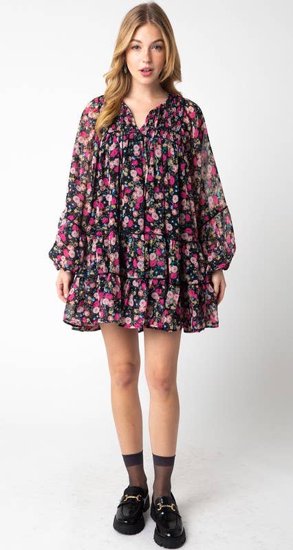 Zwart roze bloem Chiara-jurk voor groothandel op Faire4