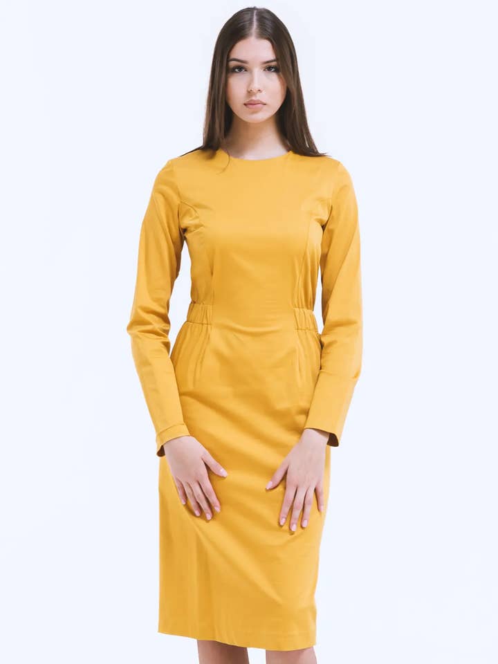 Ochre Yellow Long Sleeve Casual Chic Sheath Dress for wholesale by ELENELEN SRL