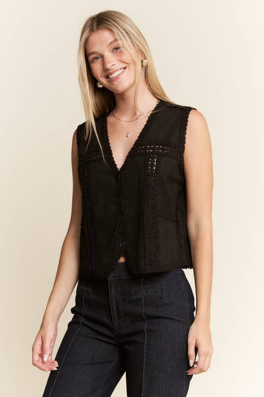 JADE BY JANE PLUS - Wholesale Outerwear Vest - Women's - PLUS SIZE SUEDE VEST WITH LACE TRIM16