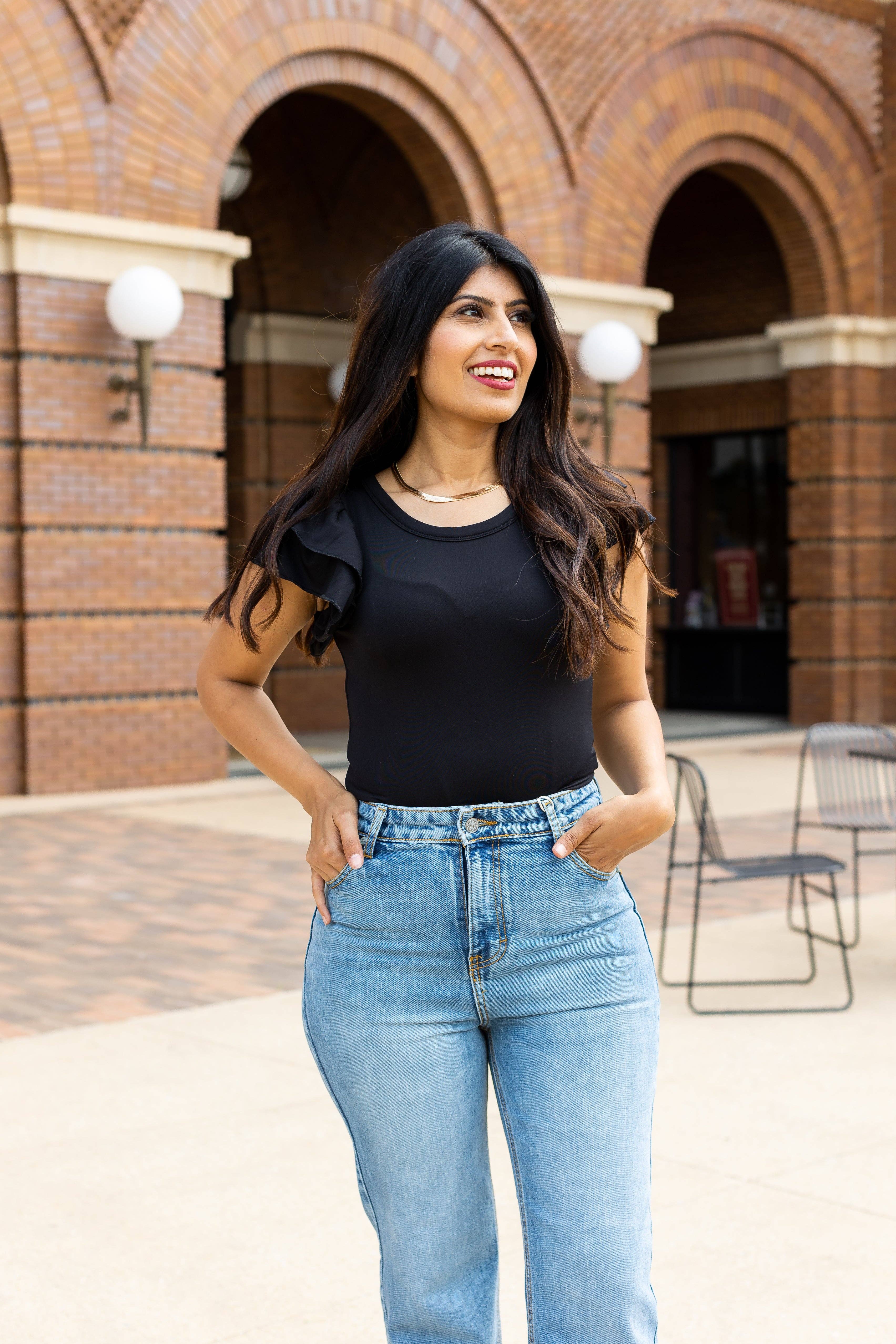 The Eloise Ruffle Sleeve Bodysuit, Black for wholesale on Faire5