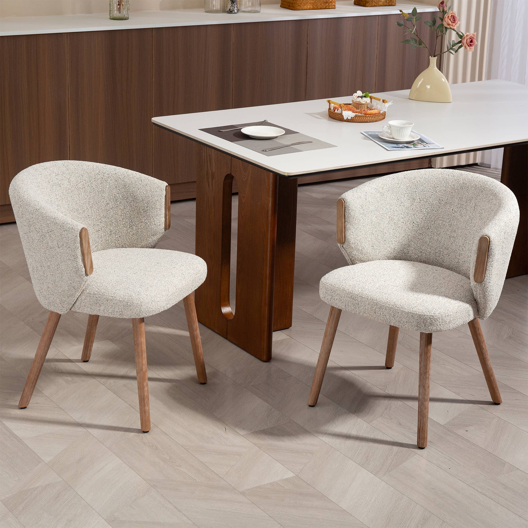 Glamour Home - Wholesale Chair - Set of 2 Bernice Beige Washed Boucle Fabric Dining Chair7