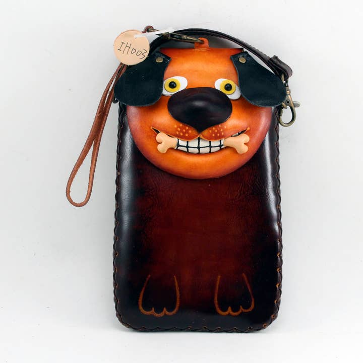 Handmade leather Dog Cell phone Case for wholesale by Sunflower Handmade leather inc