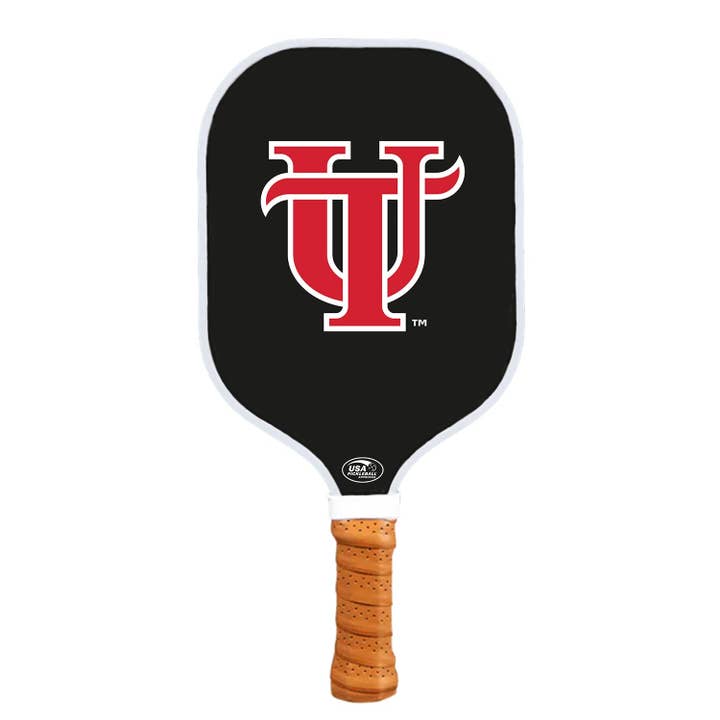 Pickleball-peddels met UT-logo van de Universiteit van Tampa, zwartrode, in elkaar grijpende pickleball (B2B) voor wholesale door Rally Republic