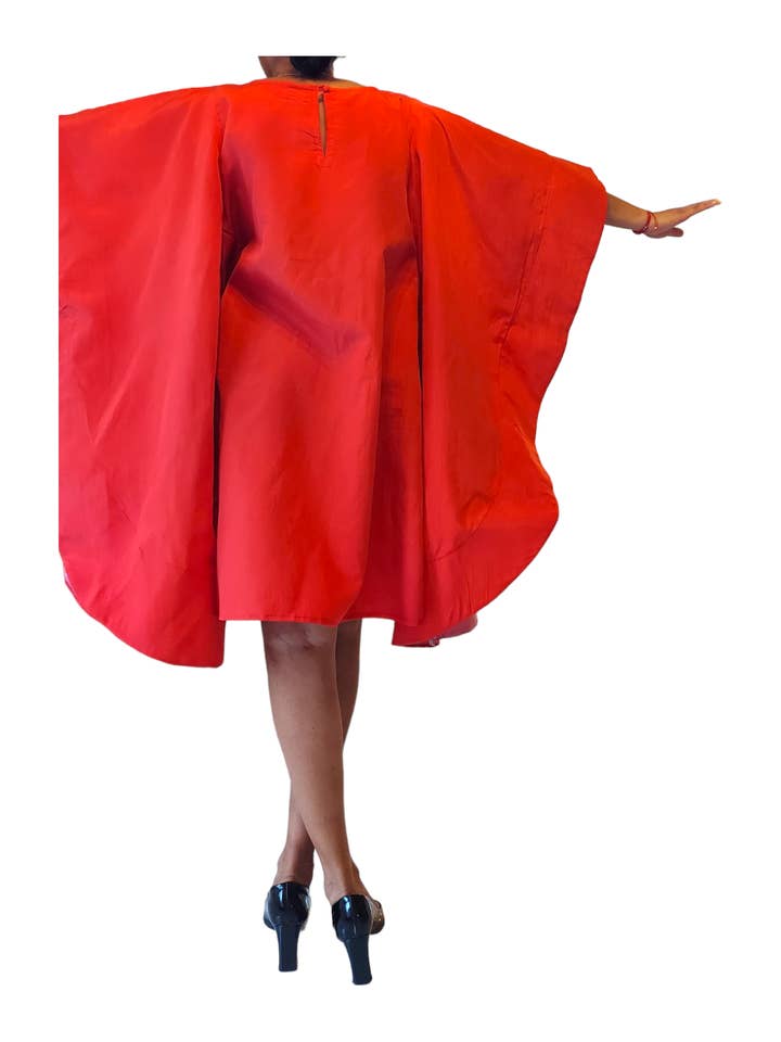 India Batik - Wholesale Dress - Women's - Faux Silk Wing Dress/Poncho Dress/ Wing Sleeves-Red3