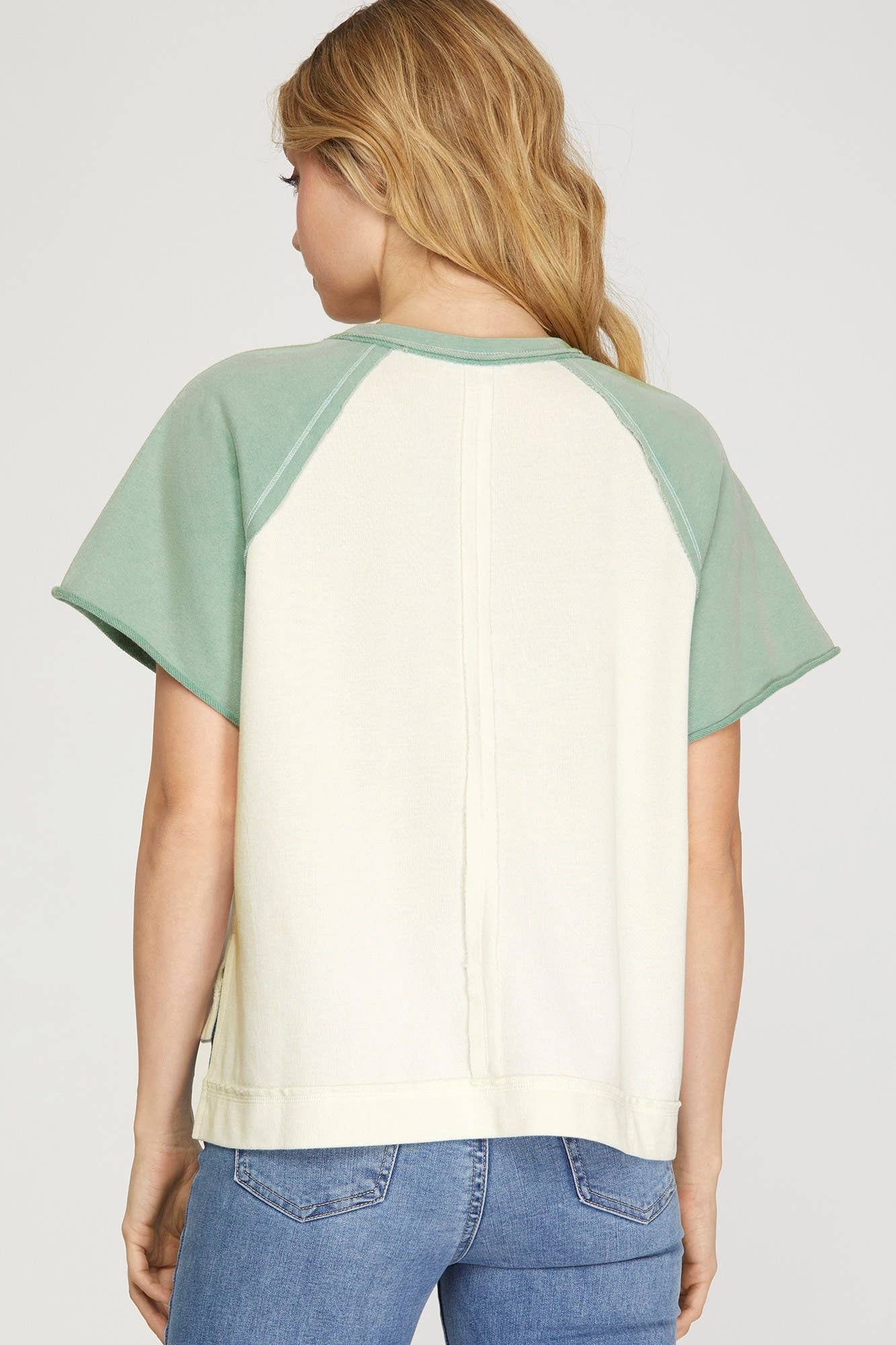 Vanilla Monkey - Wholesale Knit Top - Women's - Raglan Short Slv Button Up Color Block Top1