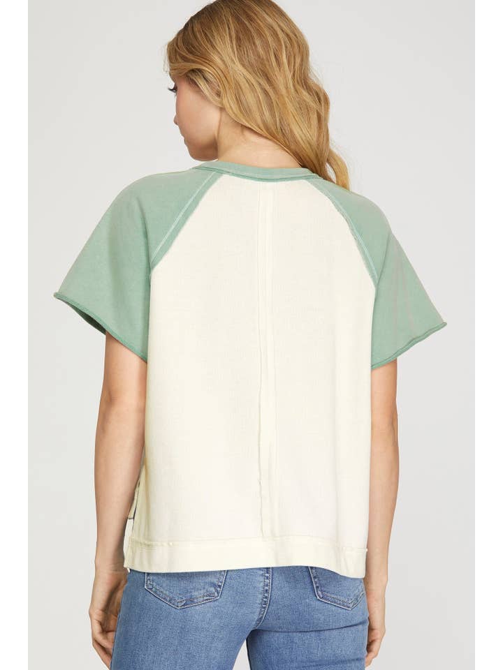 Vanilla Monkey - Venta al por mayor Jersey corto de punto - Mujer - Top de Bloques de Color con Botones y Manga Corta Raglán1