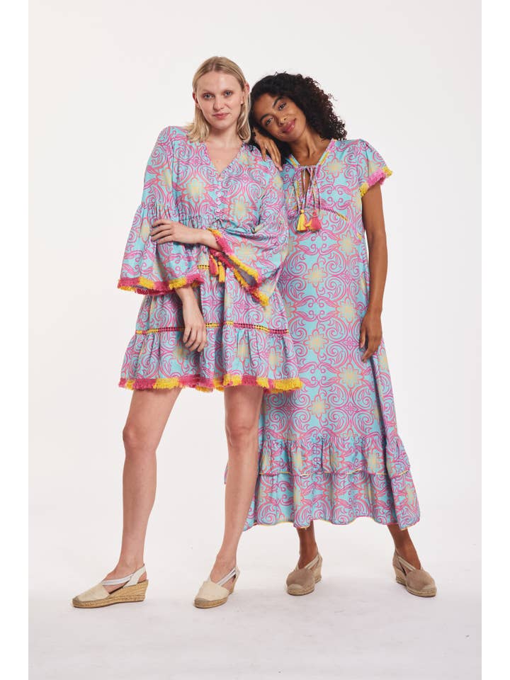 ModaPosa - Wholesale Dress - Women's - Desideria Dress Majolica Arbor Blue Red Gold Spring Summer