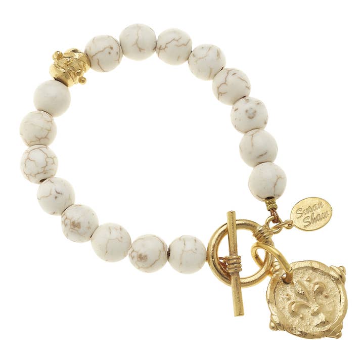 White Turquoise with Italian Intaglio Fleur de Lis Bracelet for wholesale by Susan Shaw