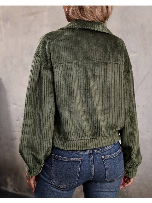 Green Lapel Buttoned Corduroy Cropped Jacket for wholesale on Faire