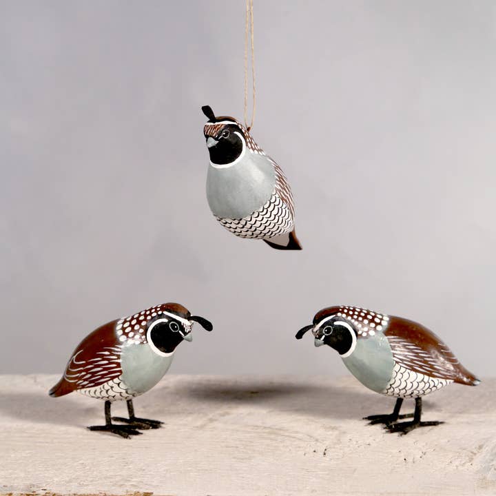 Aviologie - Wholesale Ornament - Hanging Quail - 2.5"H -Carved Wooden Ornament1