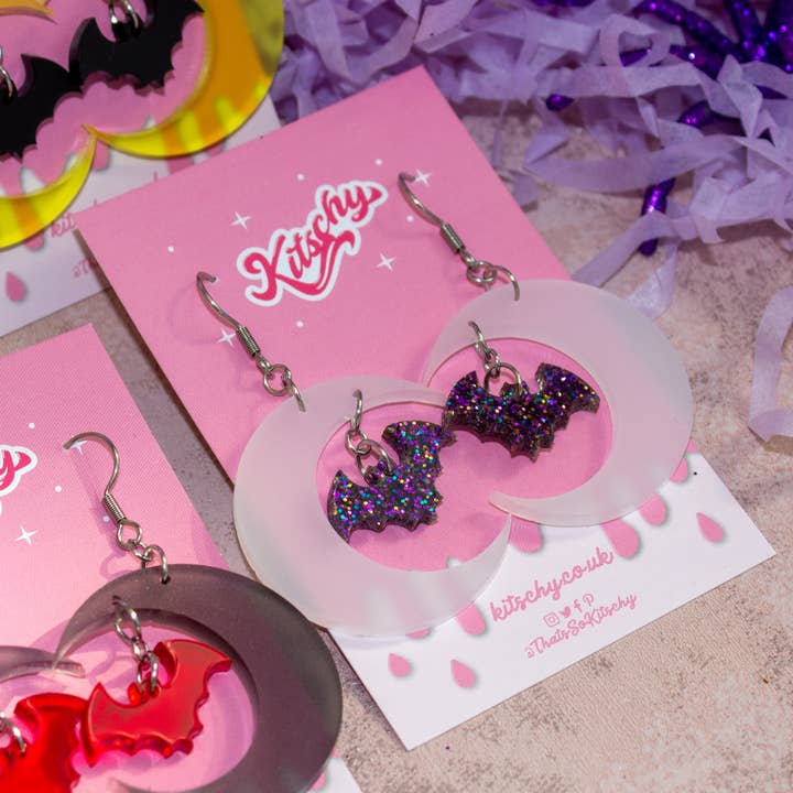 Kitschy - Wholesale Dangle Earrings - Obsidian Moon Bat Earrings Laser Cut Acrylic2