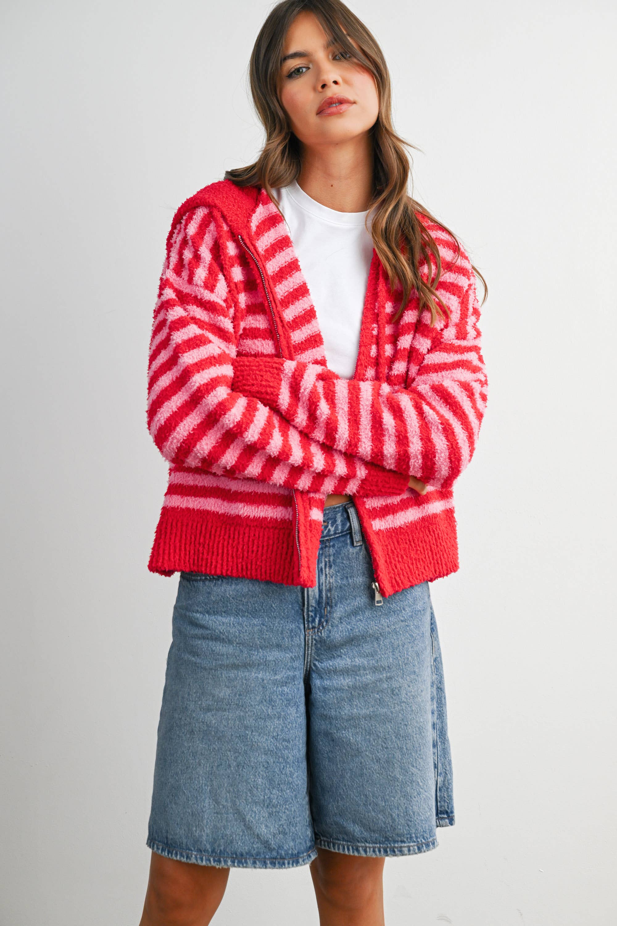 BUTTERMELON - Wholesale Knit Sweater - Women's - Striped Zip-Up Hooded Cardigan - BMC809717