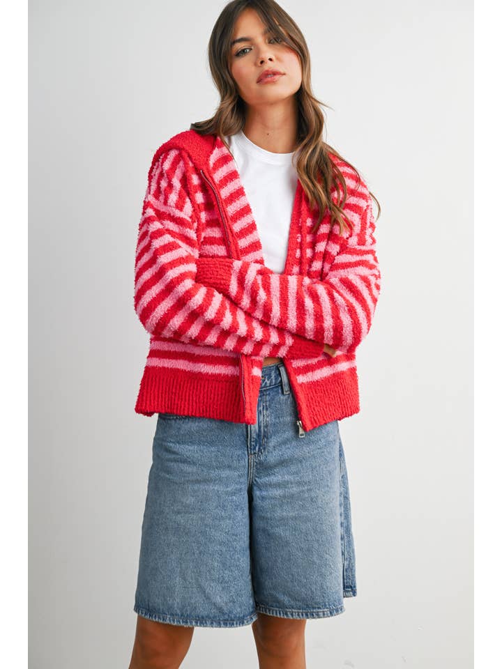 BUTTERMELON - Wholesale Knit Sweater - Women's - Striped Zip-Up Hooded Cardigan - BMC809717