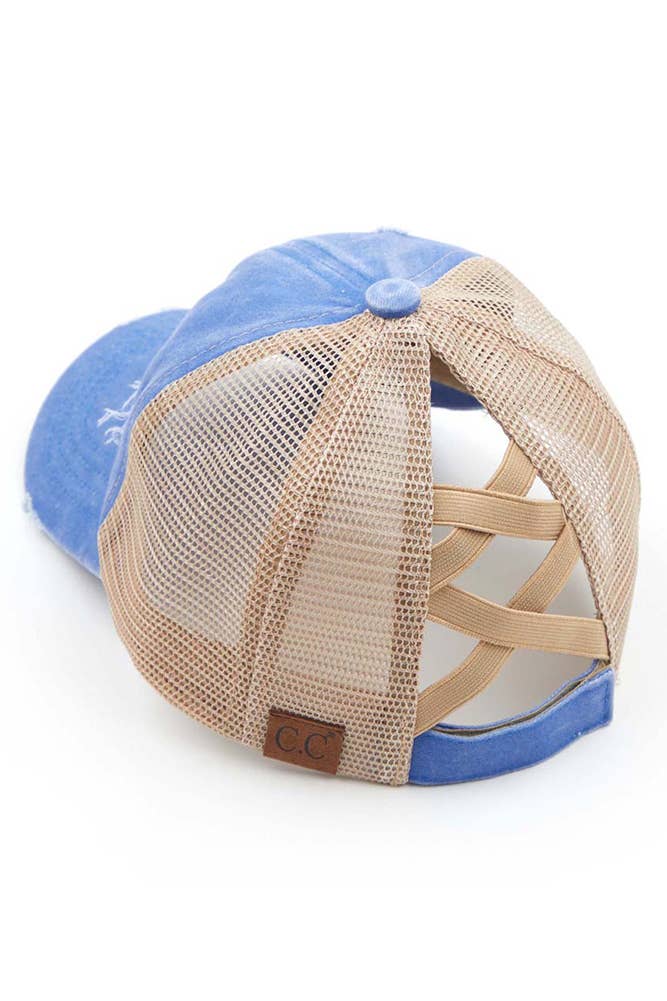 Hana - Wholesale Ponytail Cap - Women's - C.C Washed Denim with Crossed Elastic Band Mesh Pony Cap21