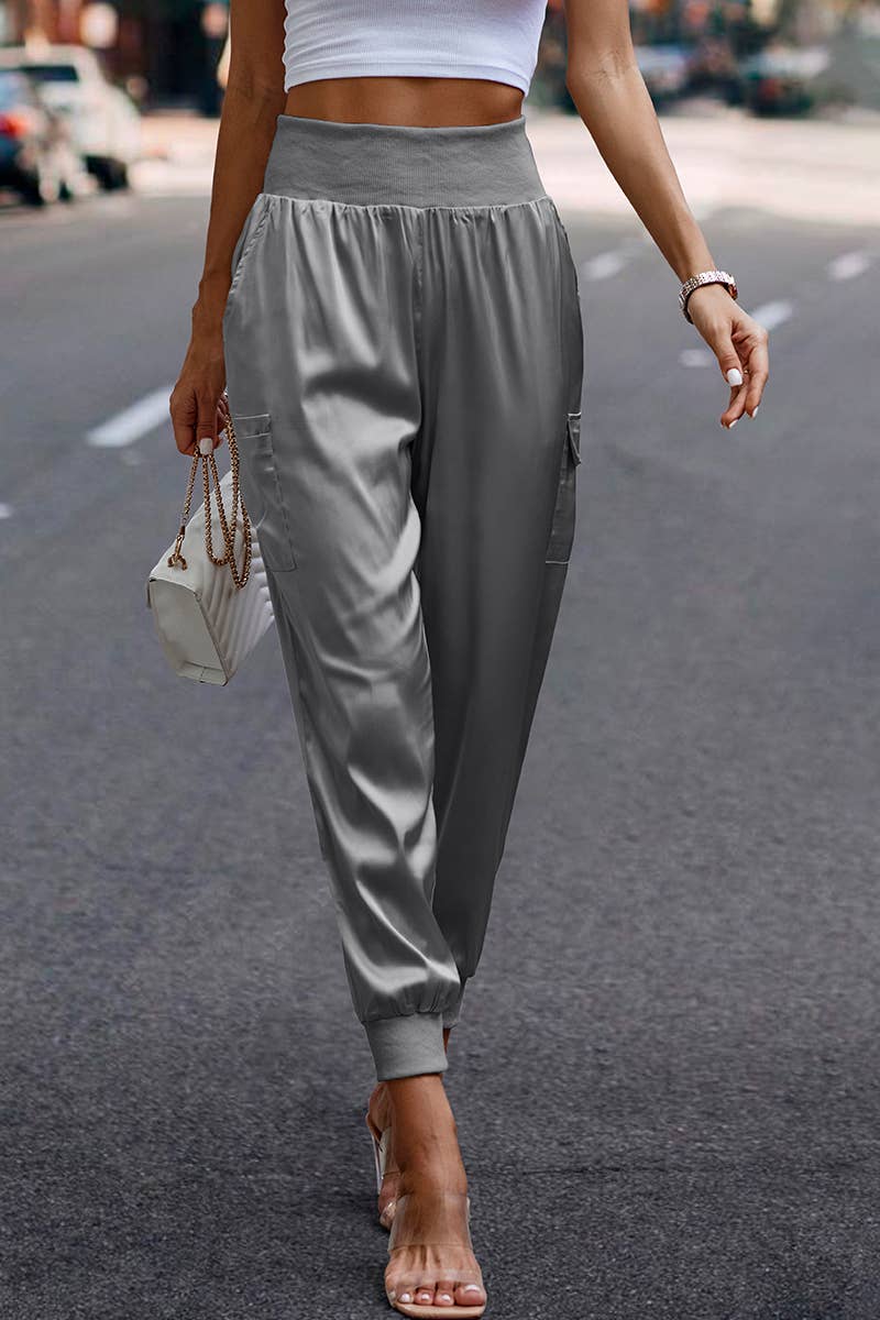 Elings - Wholesale Pants - Women's - High Waist Long Pant Trousers With Pocket Satin Jogger Pants12