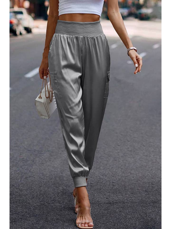 Elings - Wholesale Pants - Women's - High Waist Long Pant Trousers With Pocket Satin Jogger Pants12