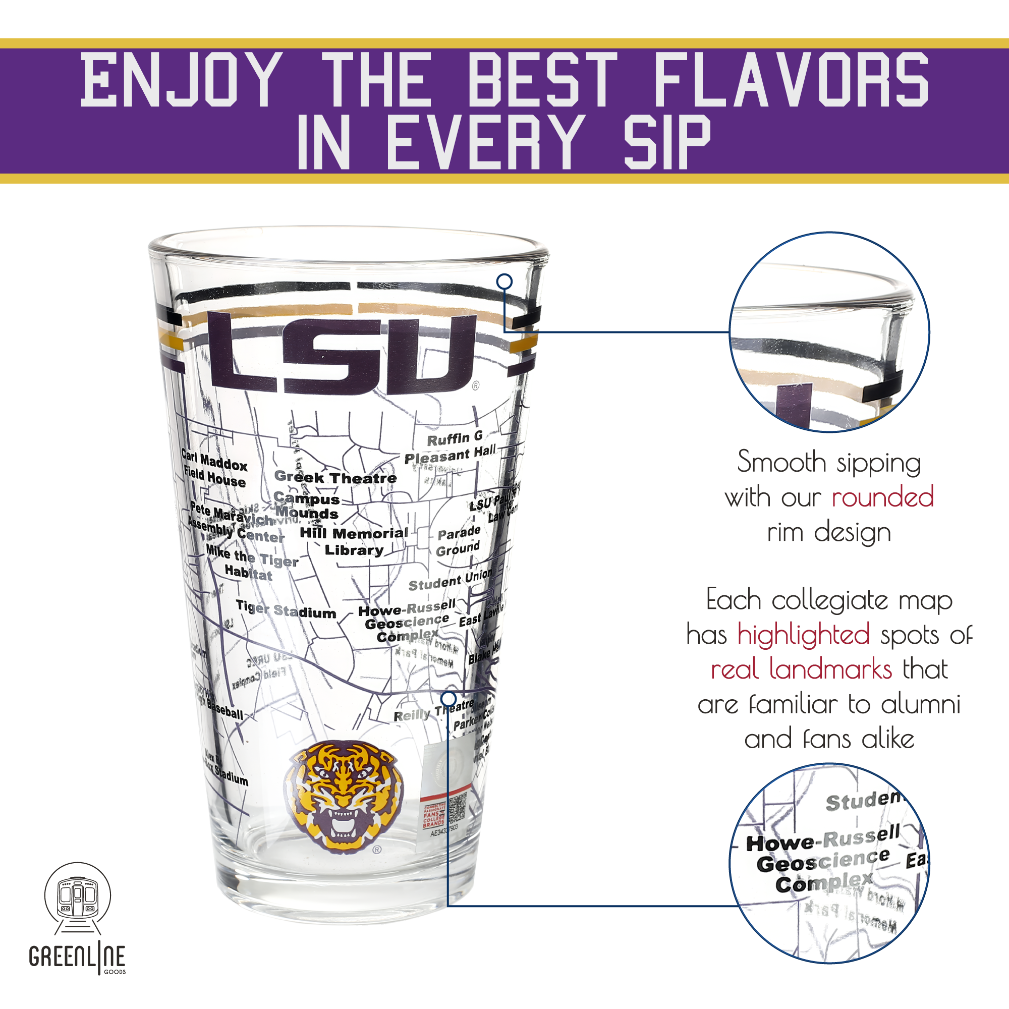 Greenline Goods - Wholesale Beer Glass/Mug - Louisiana State University Tigers College Pint Glasses - Full Color LSU Logo & Campus Map LSU Tiger Gift Idea College Grads and Alumni (Set of 2)3