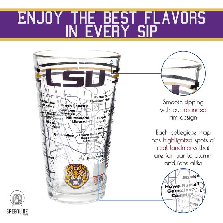Greenline Goods - Wholesale Beer Glass/Mug - Louisiana State University Tigers College Pint Glasses - Full Color LSU Logo & Campus Map LSU Tiger Gift Idea College Grads and Alumni (Set of 2)3