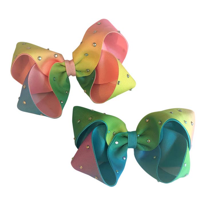Bows For Belles, LLC - Wholesale Hair Bow - Kids - Traditional Rainbow Medium Size Rhinestone Hair Bow