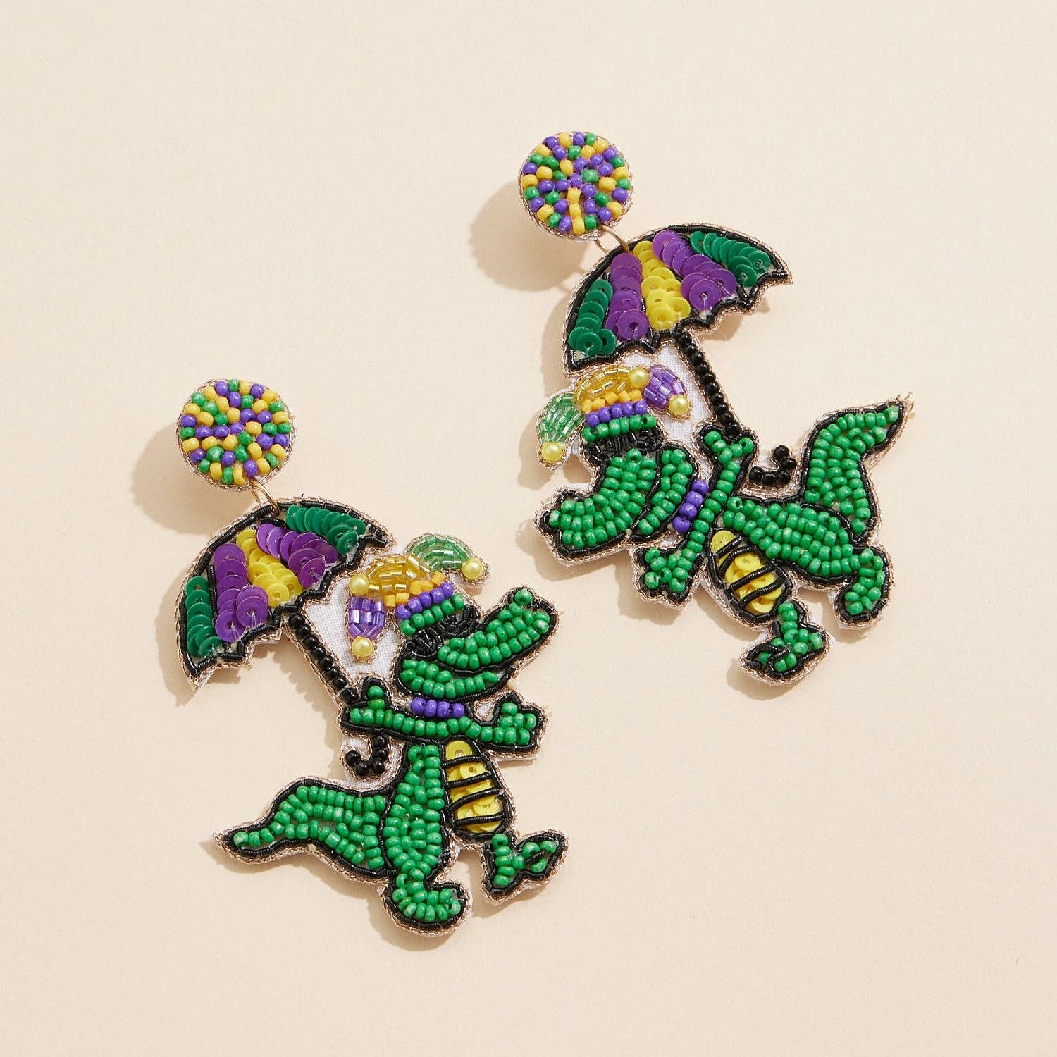 Green Mardi Gras Alligator Beaded Earrings Fun Festive Jewelry Accessory for wholesale on Faire0