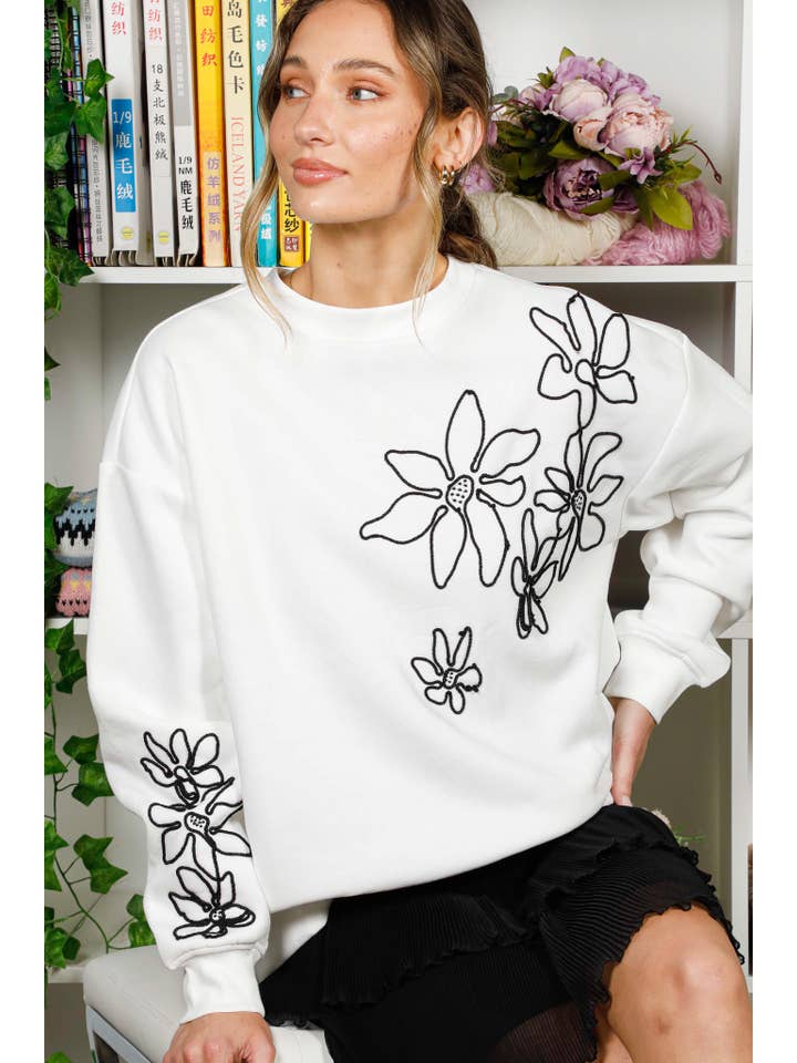 Vine & Love - Vente Sweat-shirt – femme - Sweat-shirt à col rond et manches longues brodé de fleurs VT82269