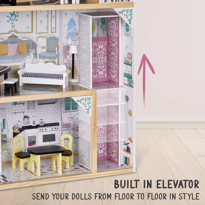 Jumbl - Wholesale Doll Accessory Kit - Kids - 3-Story Wooden Doll House Set W/Elevator, Balcony & Stairs10