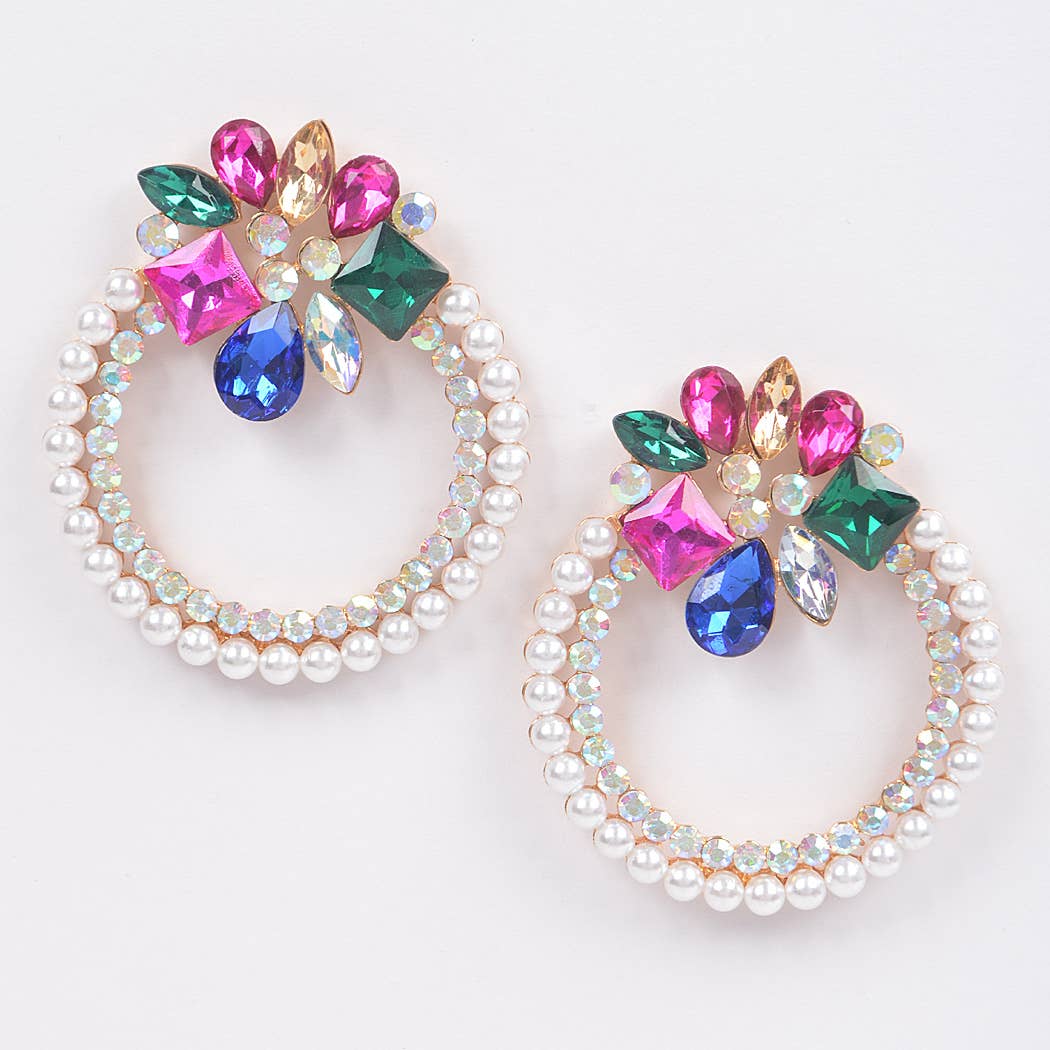3AM BY H&D ACCESSORIES - Wholesale Hoop Earrings - Gem Top Faux Pearl Rhinestone Circle Earrings2