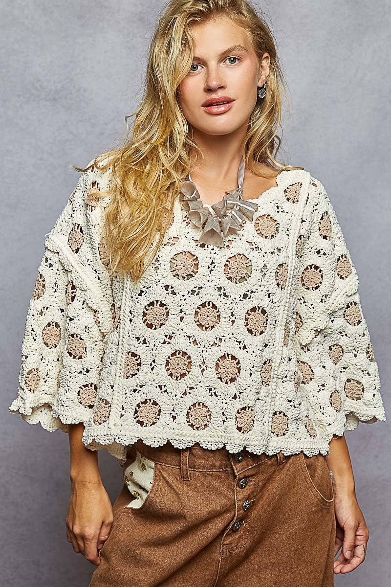 Pol Clothing - Vente Haut en maille – femme - Haut court en crochet à col rond et manches 3/411
