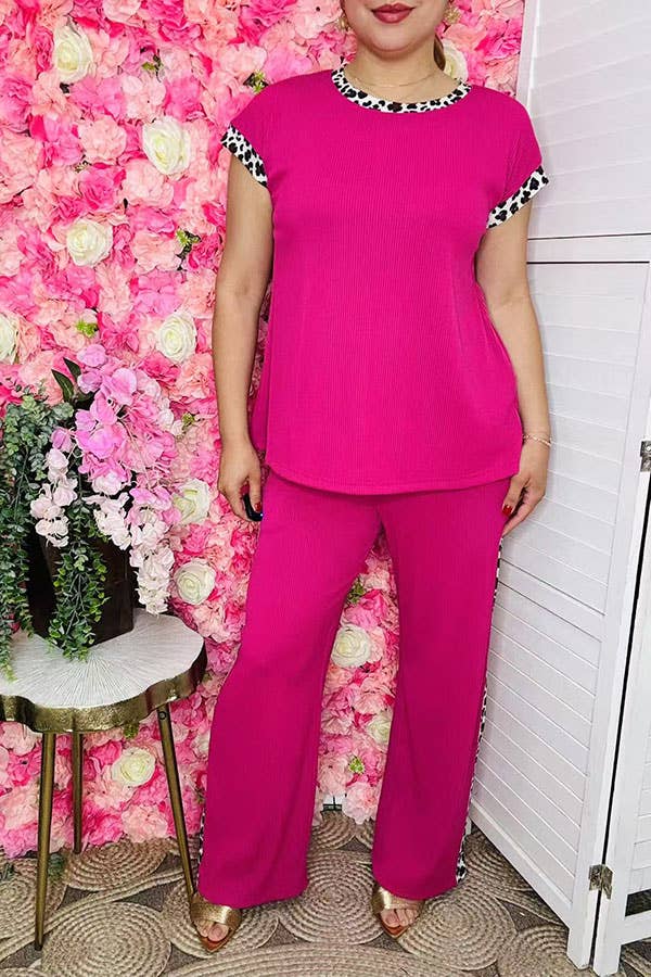 luluclothes - Wholesale Top & Pant Set (NOT Loungewear) - Women's - Women set Fuchsia ribbed knitted & leopard prints XCH161184