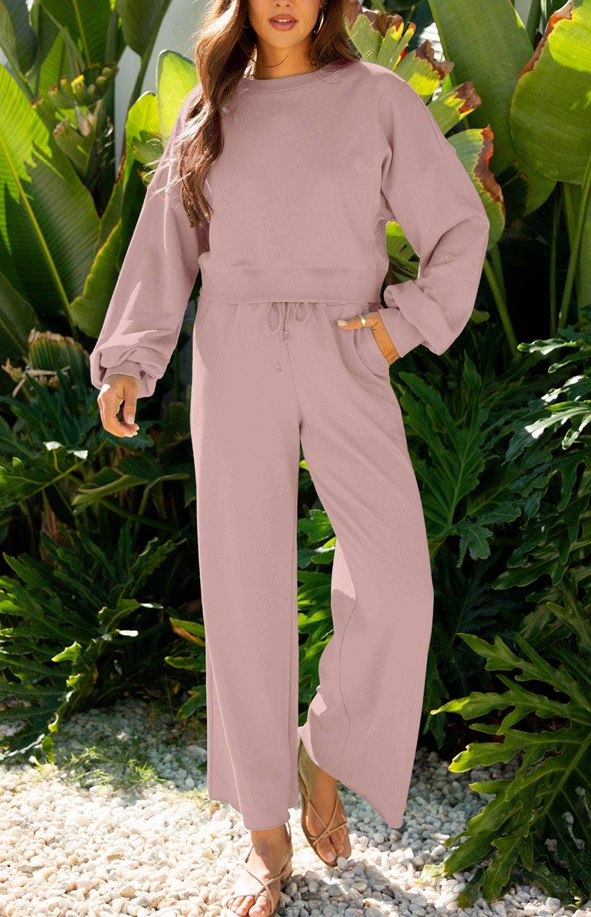 FULL TIME PURCHASE - Wholesale Top & Pant Set (NOT Loungewear) - Women's - Drop Shoulder Sleeve Pullover Drawstring Wide Leg Pants Set2