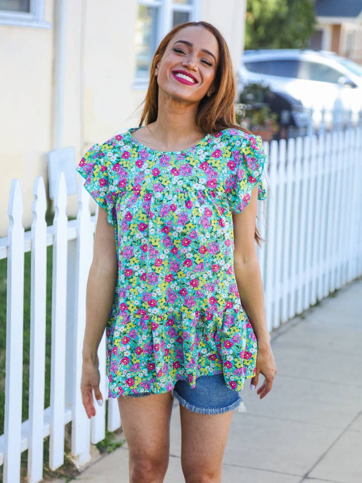 Promenade - Wholesale Blouse - Women's - All For You Mint Floral Yoke Flutter Sleeve Keyhole Back Top (Open Pack)10