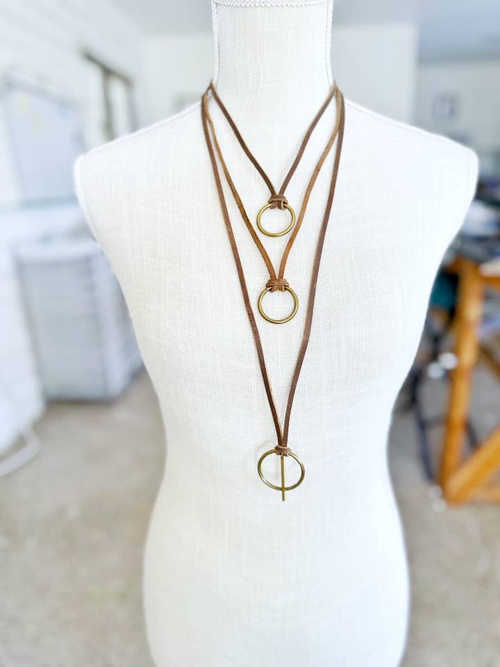 Bronze O-Ring on Taupe Brown Leather Necklace for wholesale by Boho By Design