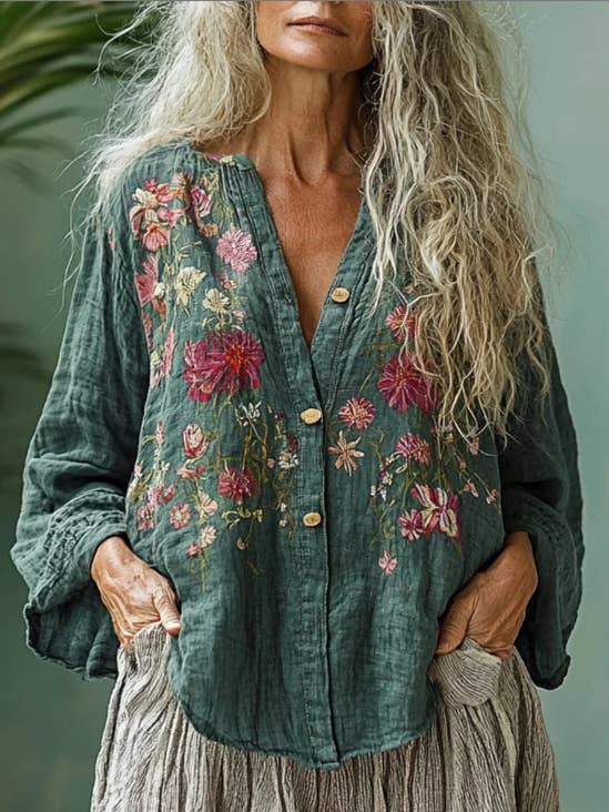 Rosa Clothing - Wholesale Shirt - Women's - Women Vintage Floral Print Long Sleeve Casual Boho Blouse46