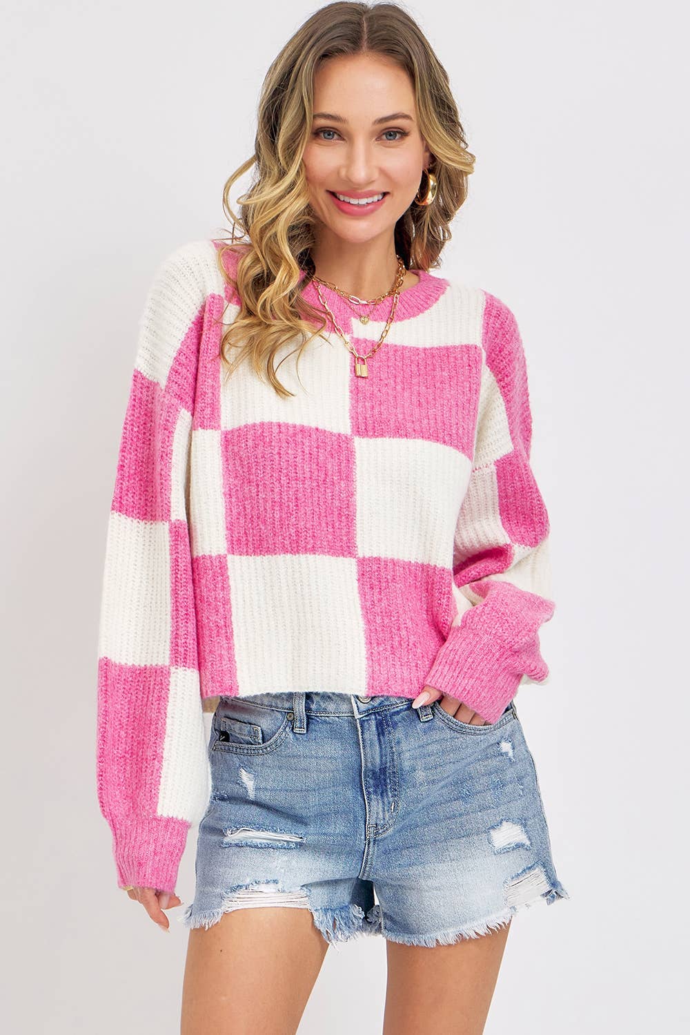 Sweet Lovely by Jen - Wholesale Knit Sweater - Women's - CASUAL SOFT COZY  RELAXED FIT CHECKER KNIT SWEATER15