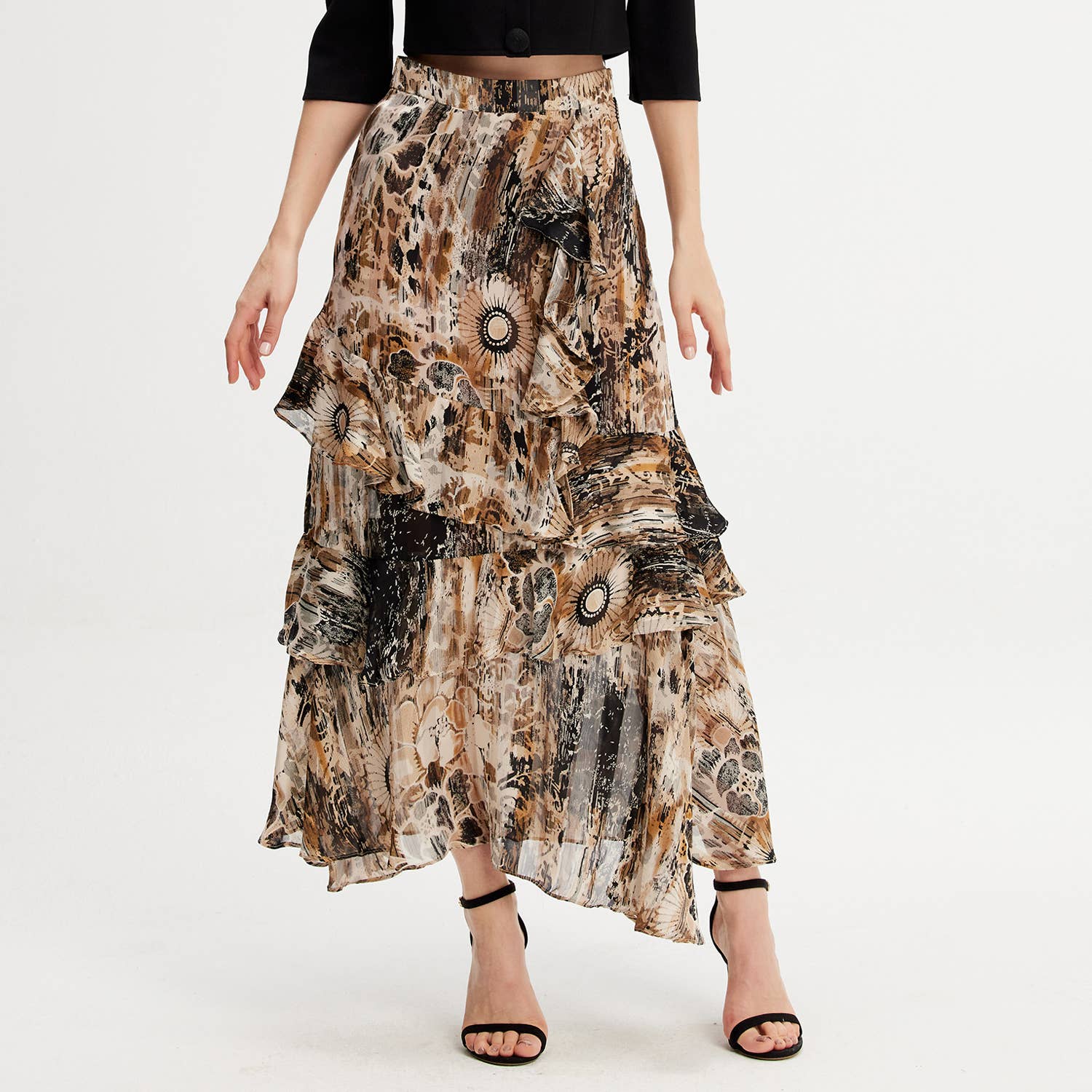 Smart and Joy - Wholesale Skirt - Women's - Long chiffon skirt with ruffles and graphi floral print5