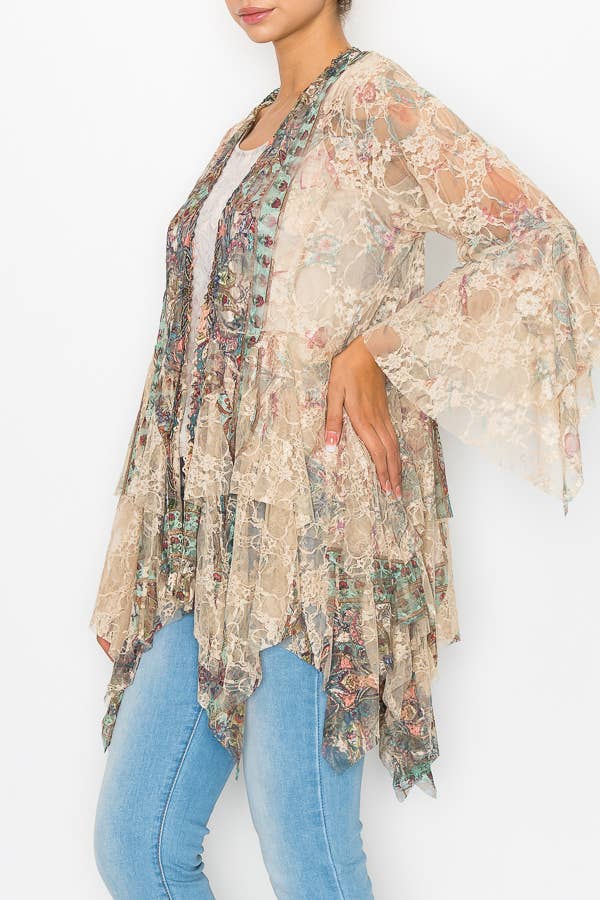 Origami Apparel ~  Lace and Crochet inspired – Großhandel Strickjacke – Damen – Klassische Strickjacke aus Spitze mit gestuften Lagen - 4618TP/TURQ2