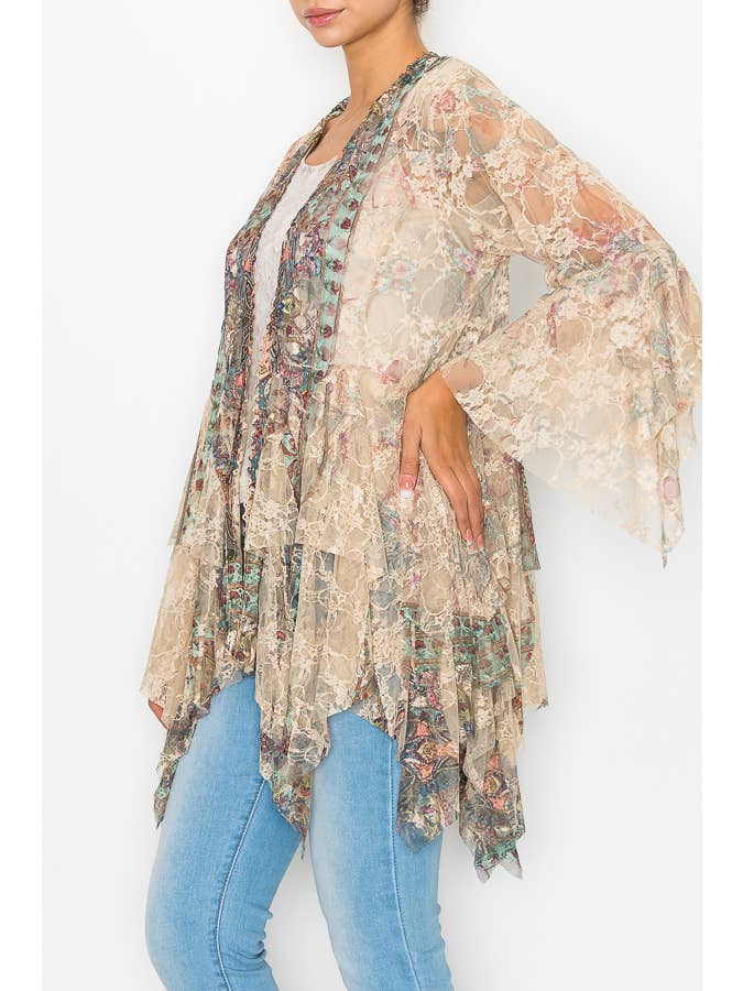 Origami Apparel ~ Lace and Crochet inspired – Großhandel Strickjacke – Damen – Klassische Strickjacke aus Spitze mit gestuften Lagen - 4618TP/TURQ2