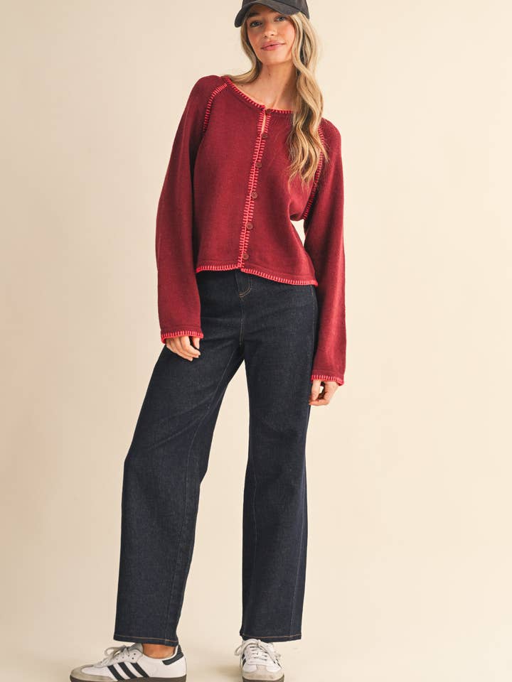 &MERCI - Wholesale Cardigan - Women's - CONTRAST BLANKET STITCH SWEATER CARDIGAN MSW1119655