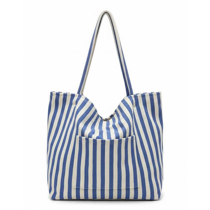 Sweetkama - Wholesale Tote Bag - Women's - Ladies Striped Double Pocket Large Capacity Canvas Tote Bag7