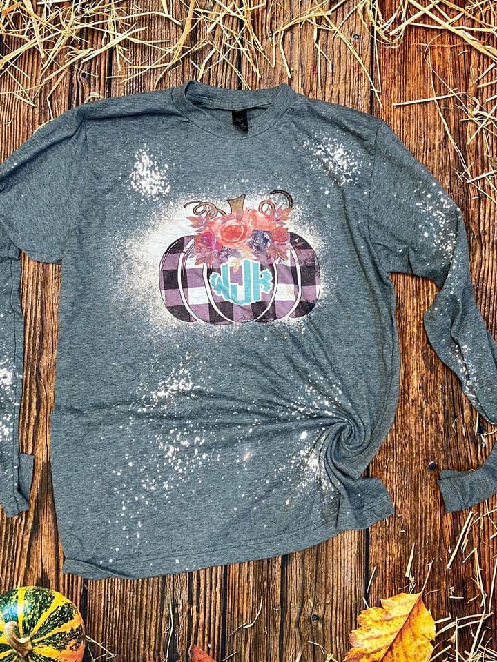 Plaid pumpkin monogram bleach Long Sleeve for wholesale by Cute As A Rustic Button