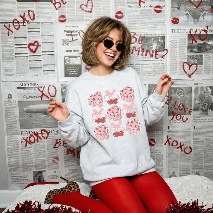 Sweetheart Cherry Cake Crewneck Sweatshirt | Valentine's Day for wholesale by Hey Jude Graphic Tees