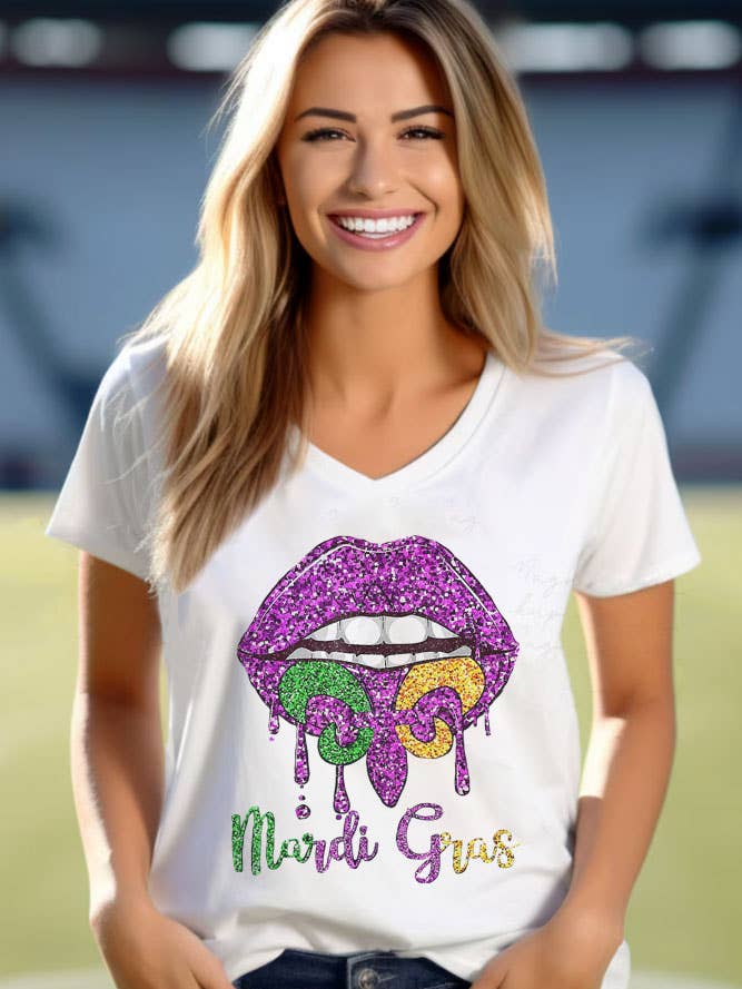 Camiseta Mardi Gras Sparkly Lips, Unissex com Decote em V por atacado de Top Avenue