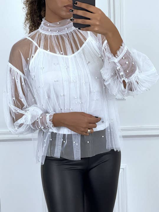bianco Blusa bianca in tulle trasparente con perline a collo alto in vendita all'ingrosso su Faire