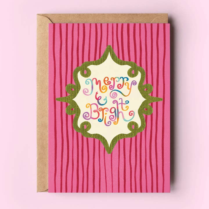 Merry & Bright Rainbow Holiday Christmas Greeting Card for wholesale by The Shelley Society