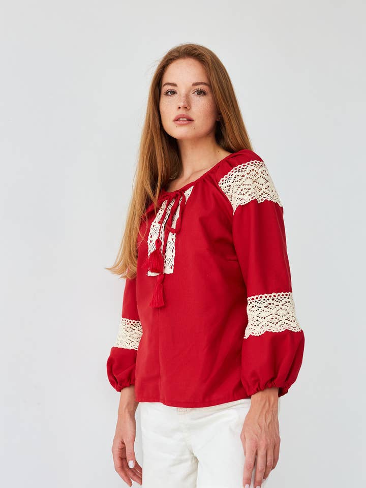 Women's Blouse Merezhivo Lace Red for wholesale by Handmade Originals Ukraine