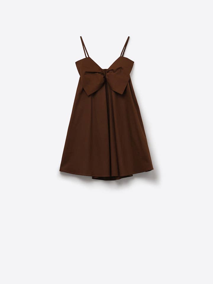Brown poplin mini dress with a big bow detail for wholesale on Faire7