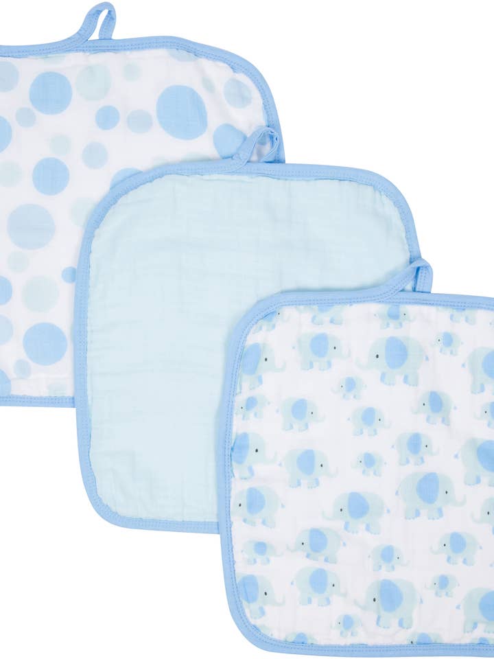 Blue Elephants Muslin Baby Washcloths - Pack of 3 for wholesale by Miracle Blanket- The #1 Pediatrician-recommended Swaddle