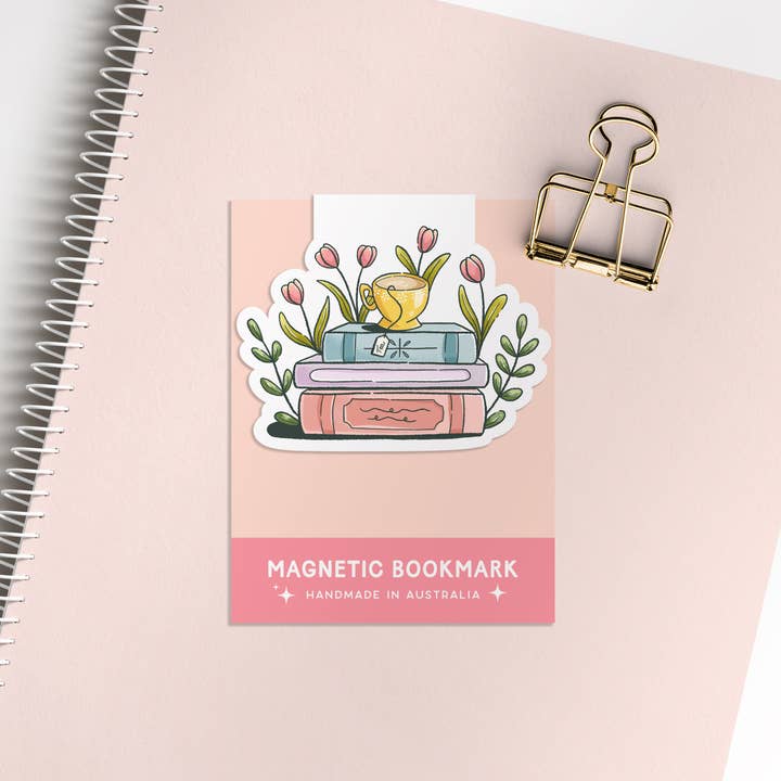 Stack of Books and Teacup Magnetic Bookmark, Page Saver for wholesale by Jasmine Allan Studio