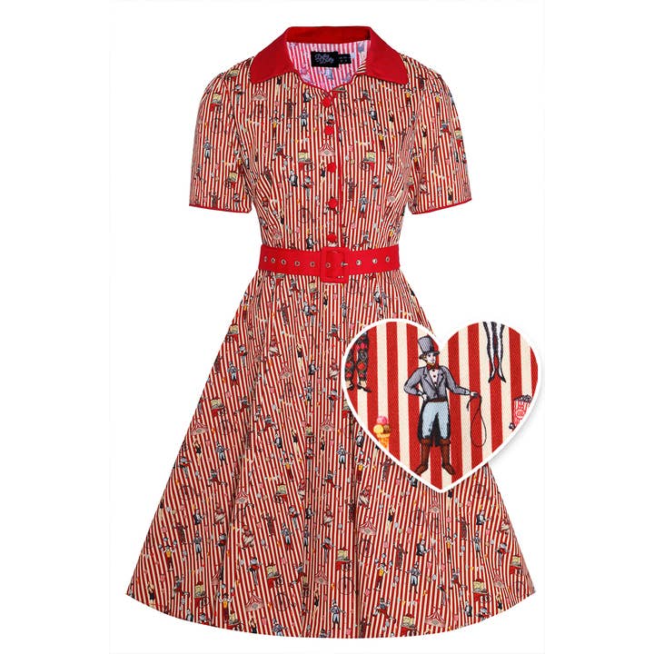 Dolly & Dotty - Wholesale Dress - Women's - Penelope Red Vintage Circus Striped Shirt Dress