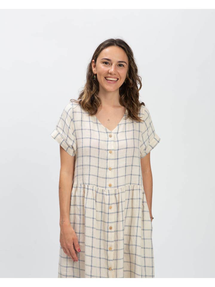 Matona - Wholesale Dress - Women's - Linen Midi Dress / blue net